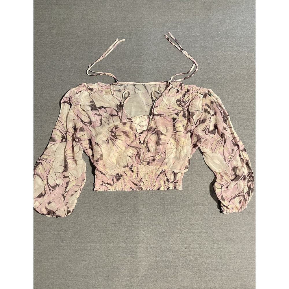 Butterfly Print Sheer Mesh Crop Top Off Shoulder Long Sleeve Boho Festival Top